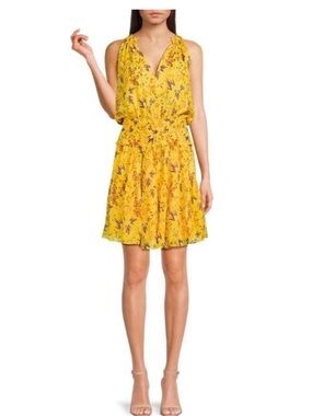 A.L.C. Courtney Silk Mini Dress Size 6 Yellow Floral Smocked Waist Sleeveless